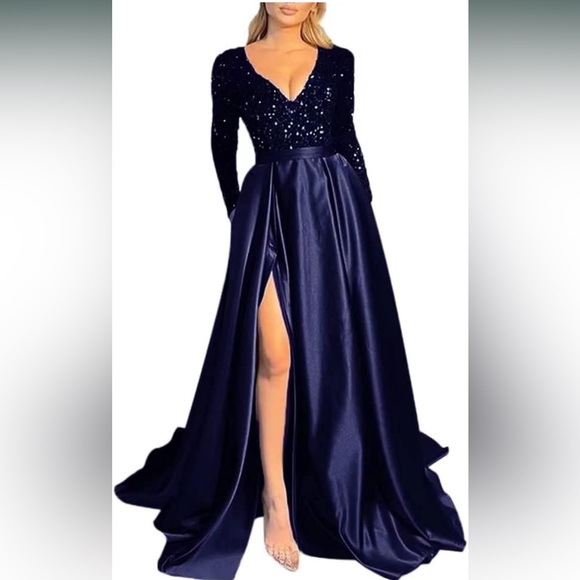 Navy Blue Formal Sequins Dress - Picture 1 of 6